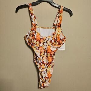 Floralkini Brown and Gold Floral Print Underwire Balconette One Piece Swimsuit 4